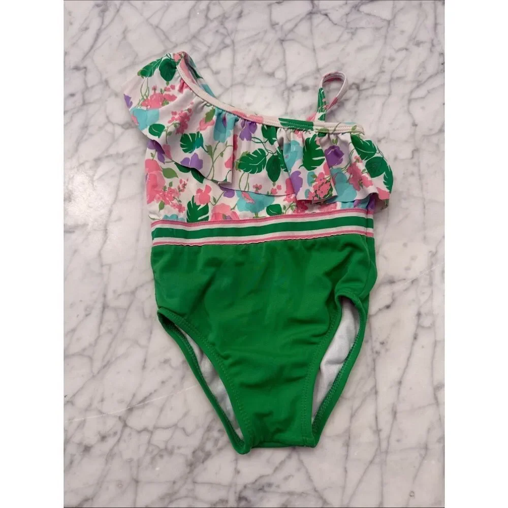 Janie and Jack Sz 12/18 Mo Green Floral One-Shoulder Swimsuit